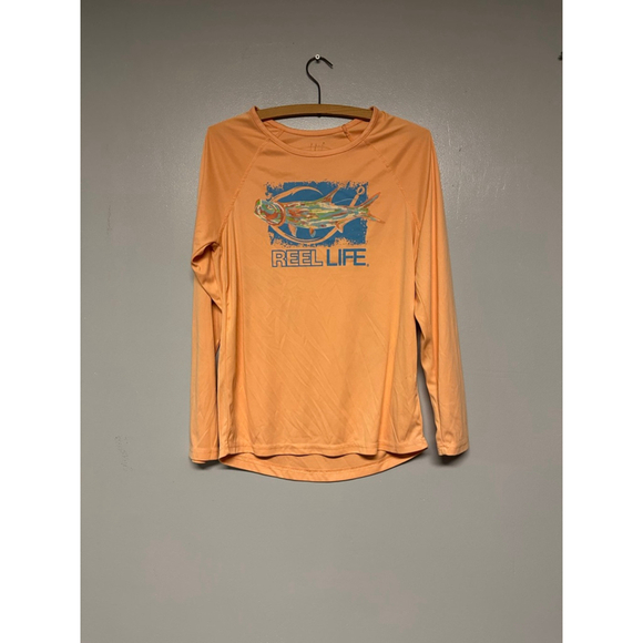 Reel Life Tops - Women's Reel Life Long Sleeve Tee size Large Orange Blue Fish Graphic